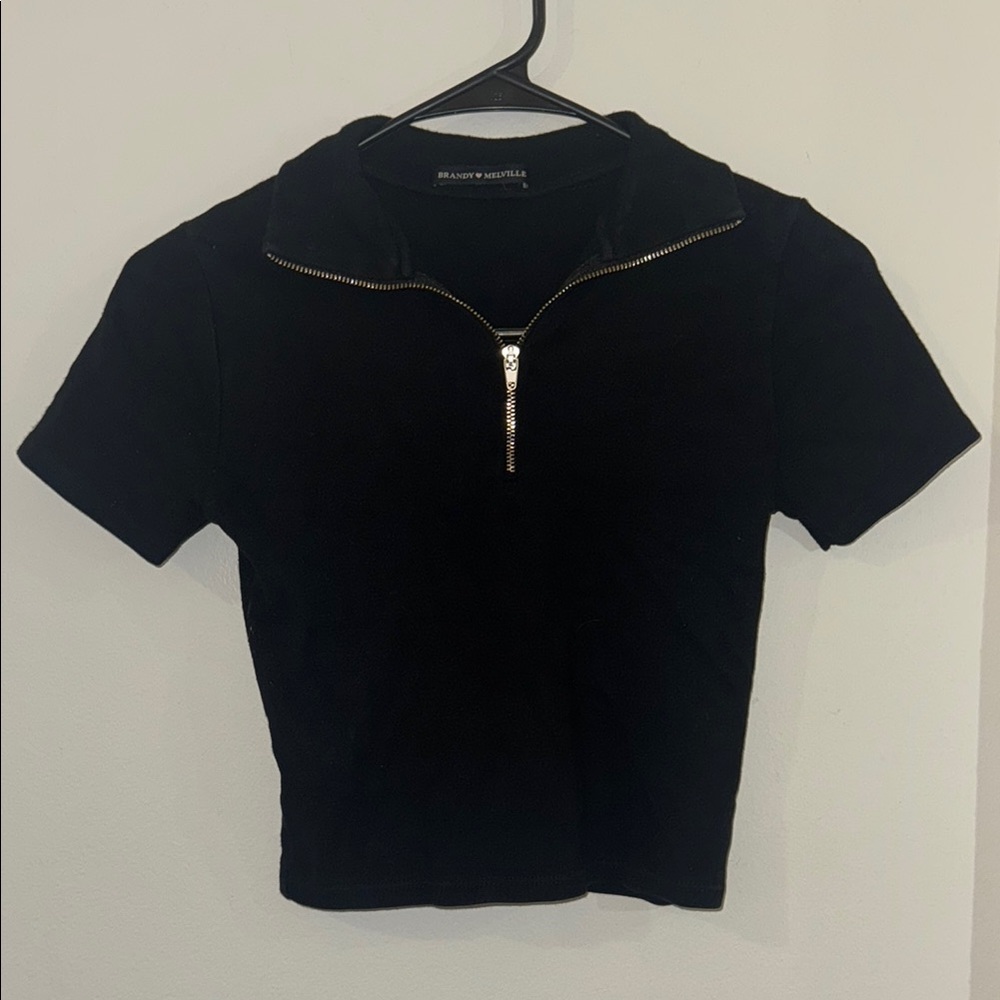 Brandy Melville Black Cropped Polo Tee with Zipper